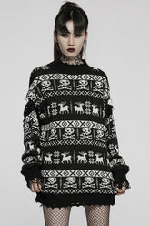 Black/White Stand Collar Long Sleeves Skull Deer Print Grunge Women's Gothic Loose Sweater